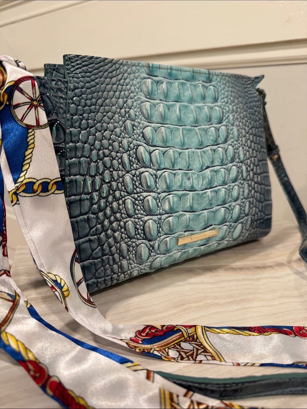 Brahmin Bag Melbourne Small Finley Crossbody Deep Teal Croc Embossed Leather